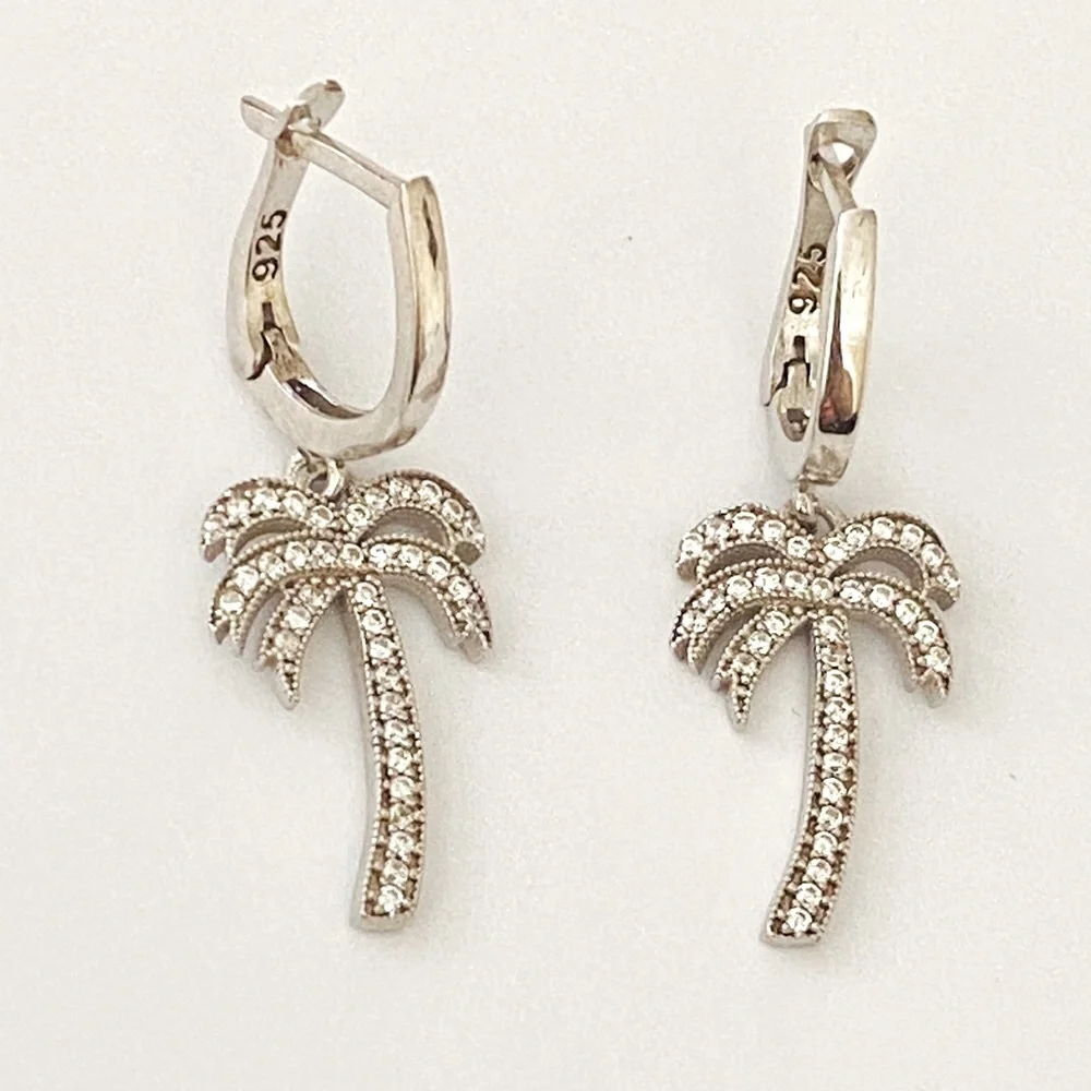 🌴925 Silver palm tree clear cubic zirconia cz stones dangling hoop earrings